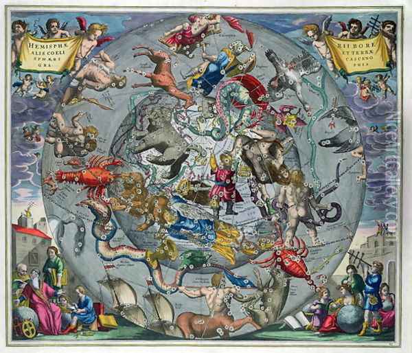 Map of the Constellations of the Northern Hemisphere, from 'The Celestial Atlas, or The Harmony of the Universe' Oil Painting - Andreas Cellarius