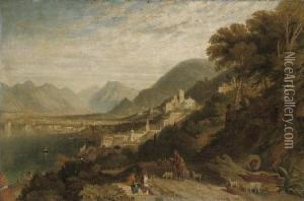 View Of The Bay Of Naples, With A Drover And Figures Making Music In The Foreground Oil Painting - William Linton