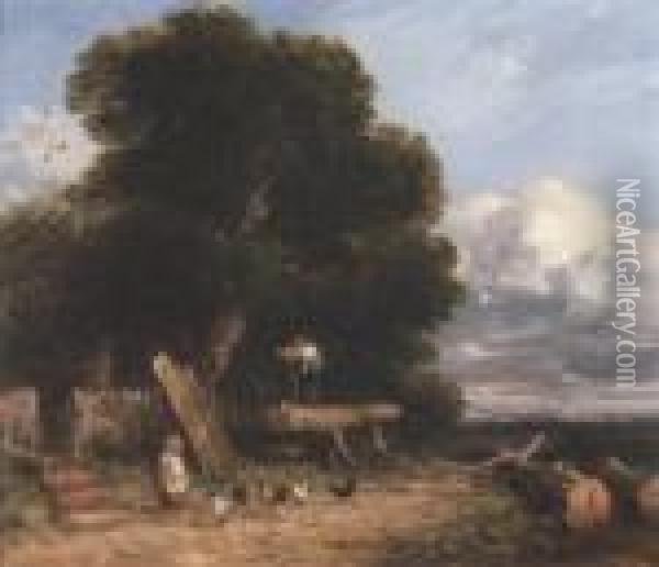 Landscape With A Figure Sawing Wood Beneath A Tree Oil Painting - David I Cox