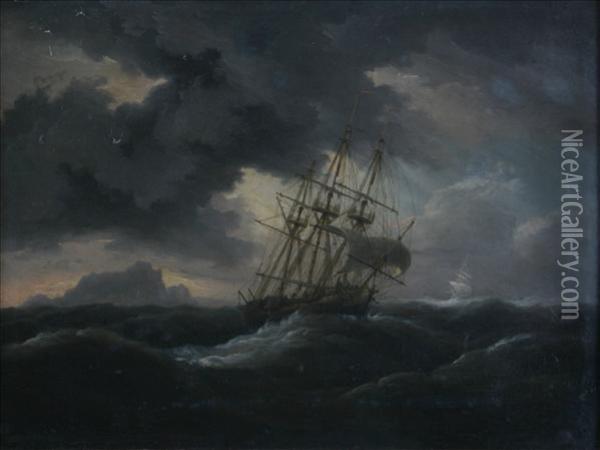 Frigates Caught In Astorm Oil Painting - Thomas Luny