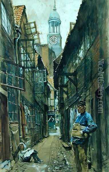 A Back Alley in Hamburg, 1891 Oil Painting - Franz Skarbina