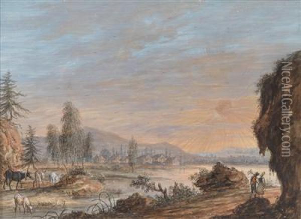 Landschaft Mit Sonnenaufgang Und Figurlicher Staffage Oil Painting - Carl Josef Alois Agricola