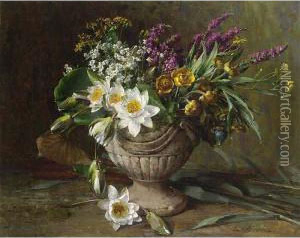 A Flower Still Life With Lotus Flowers In A Garden Vase Oil Painting - Clara Von Sivers