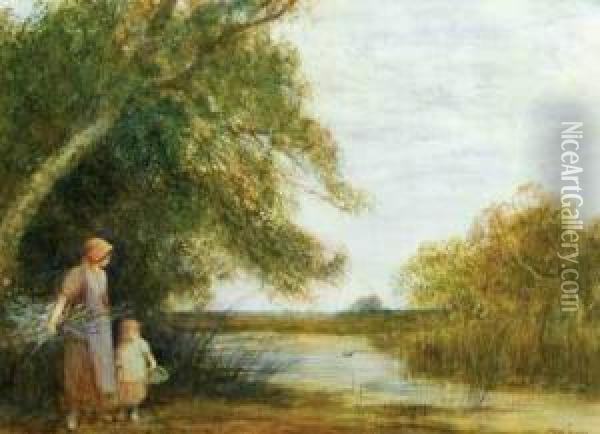 Mother And Child Gathering Wood By A River Oil Painting - Theodore Hines