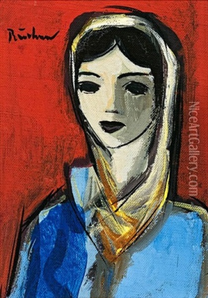 Woman With A White Headscarf Oil Painting - Carl Buchner