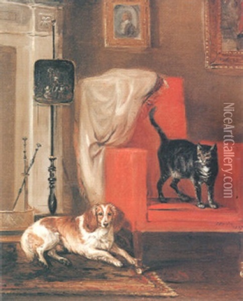 A Dog And A Cat In An Interior Oil Painting - John Ferneley Jr.