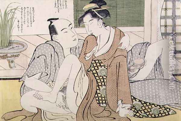 A Shunga erotic print a man pleasures his female lover, c.1785 Oil Painting - Yushido Shunsho