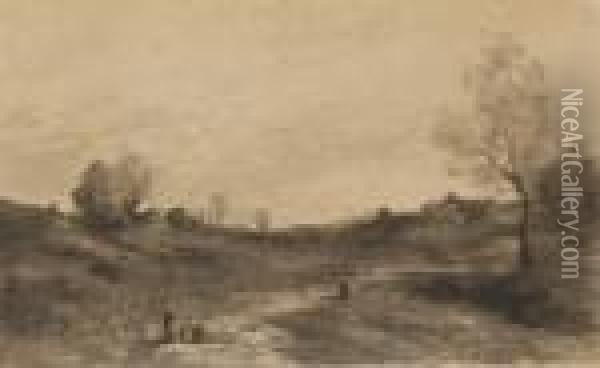 Skogslandskap Med Figurer Oil Painting - Jean-Baptiste-Camille Corot