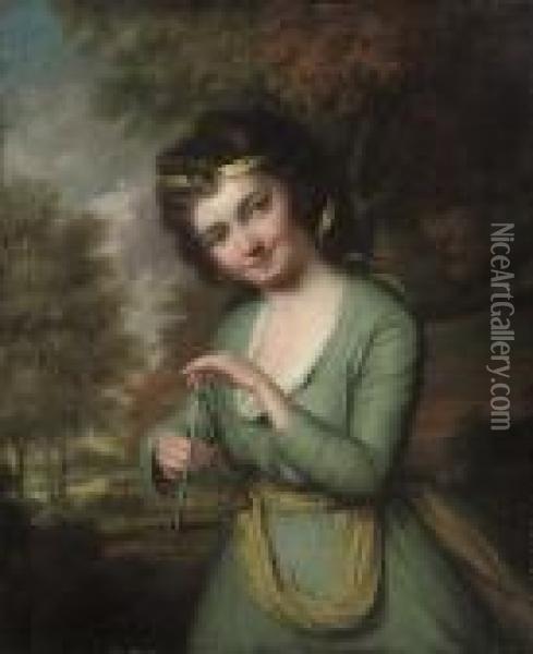 Portrait Of A Young Girl, 
Three-quarter-length, In A Blue Dress And Yellow Sash, Playing The 
Triangle, In A Landscape Oil Painting - Sir Joshua Reynolds