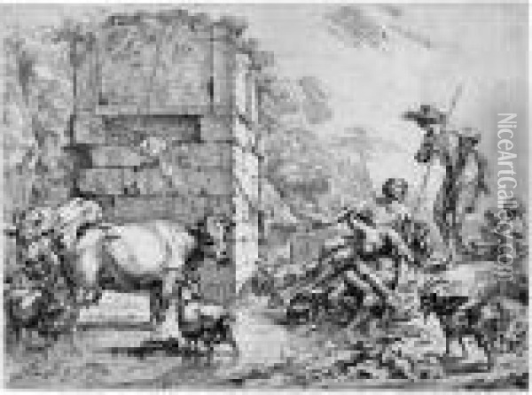 Die Saufende Kuh Oil Painting - Nicolaes Berchem