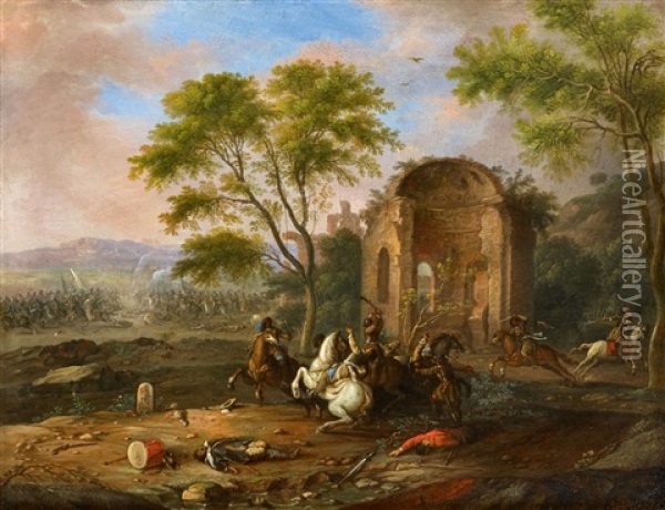 Cavalry Battle In A Hilly Landscape Oil Painting - Karel Breydel