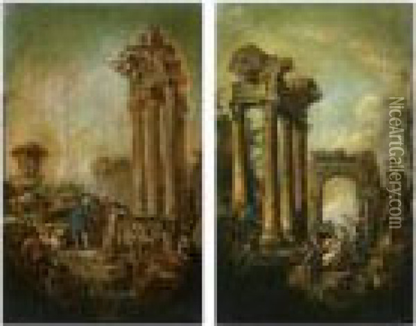 Elegant Figures By Roman Ruins Oil Painting - Giovanni Niccolo Servandoni