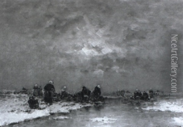 Fischerfrauen Auf Zugefrorenem Gew,sser, Winterabend Oil Painting - Johann Jungblut