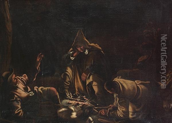 Travellers Seated Around A Campfire Oil Painting - Gerolamo Ponte Da Bassano