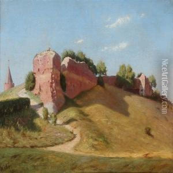 Summer Day With Castle Ruins And Gasetarnet (the Goose Tower) Oil Painting - Niels Frederik Schiottz-Jensen