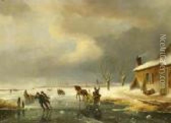 Skaters On A Frozen Waterway, A Town In The Distance Oil Painting - Nicholas Jan Roosenboom
