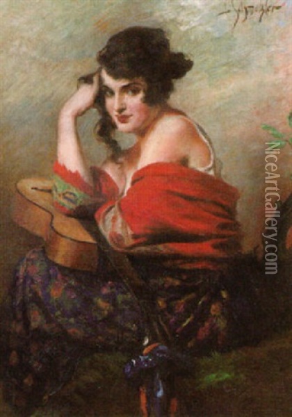 Young Gypsy Beauty And Her Guitar Oil Painting - Leopold Schmutzler