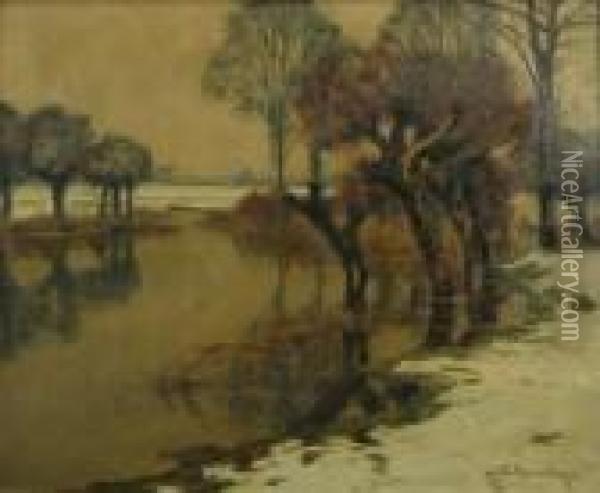 Lower Rhine In Winter. View On The A Distributary In A Snowy Field Landscape. Oil Painting - Alfred Rasenberger