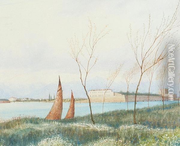 Lake Landscape With Imposing 
Buildings On The Banks, And Cypress Trees And Mountains Beyond Oil Painting - Harry Goodwin