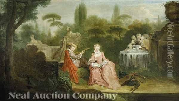 A Music Making Couple In A Sculpture Park Oil Painting - Jean-Baptiste Pater