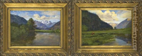 Due Dipinti Raffiguranti Paesaggi Montani Con Laghetto Oil Painting - Luigi Arbarello