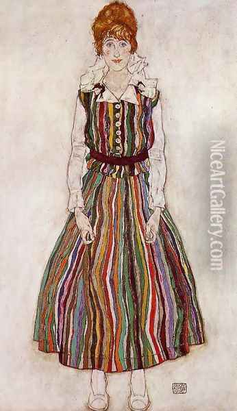 Portrait Of Edith Schiele In A Striped Dress Oil Painting - Egon Schiele