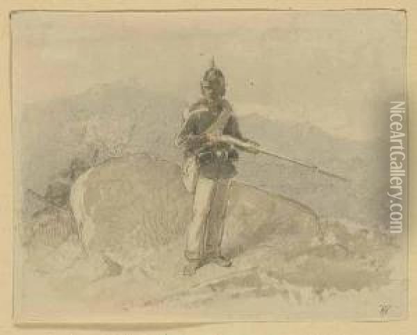 Soldat Auf Feldposten Vor Einem Felsblock, Hinter Demzwei Bewaffnete Hervorspahen Oil Painting - Theodor Hosemann