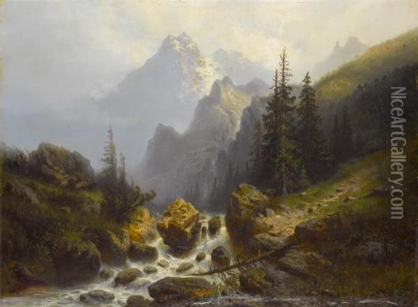 Gebirgslandschaft Mit Fluss Oil Painting - Johann Wilhelm Lindlar