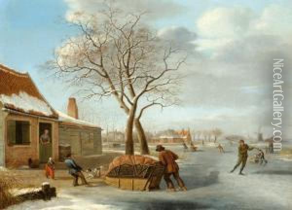 Winter Landscape With Ice Skaters Oil Painting - Johannes Janson