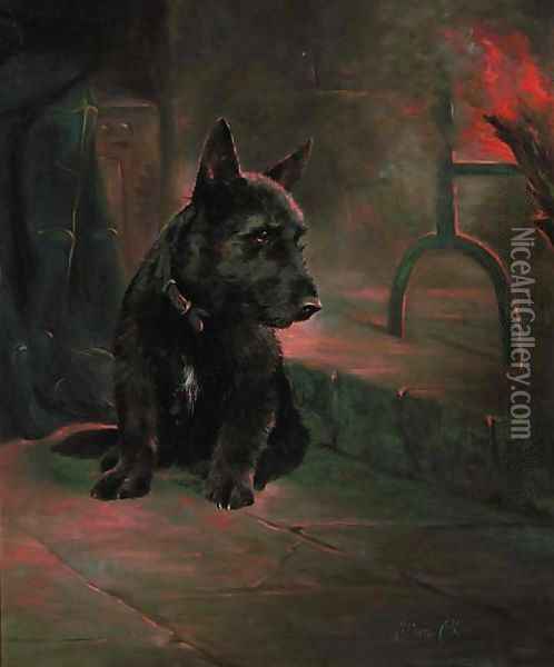 A scottie by a fire Oil Painting - Lilian Cheviot