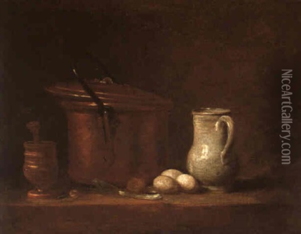 Table De Cuisine Avec Marmite De Cuivre, ,grugeoir Et Son Pilon... Oil Painting - Jean-Baptiste-Simeon Chardin