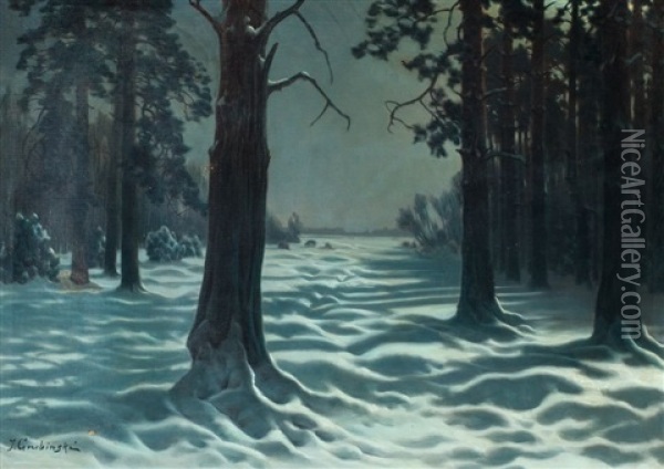 Zimowy Zmierzch W Sosnowym Lesie Oil Painting - Jan Grubinski