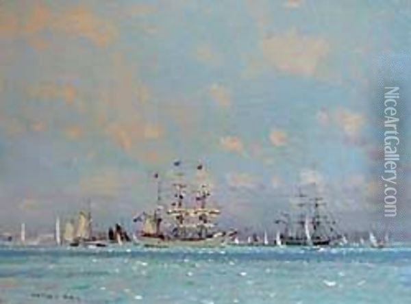Tall Ships In The South Hampton Waters Oil Painting - Peter Johan Kraft