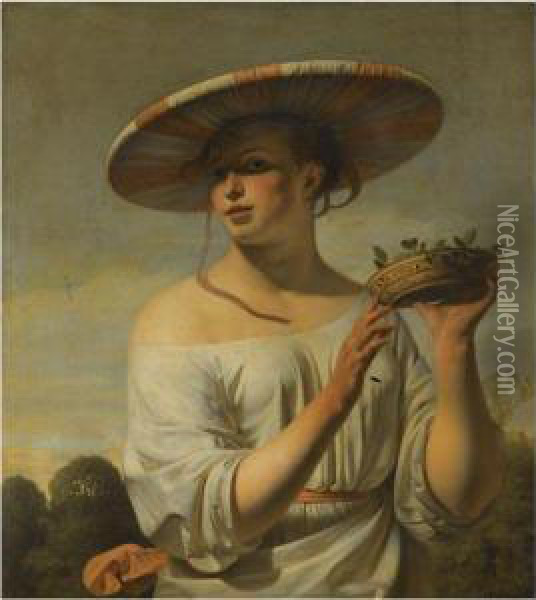 Girl Holding A Basket Of Plums Oil Painting - Caesar Boetius Van Everdingen