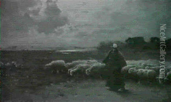 Schaferin Mit Ihrer Herde In Kustenlandschaft Oil Painting - Louis Douzette