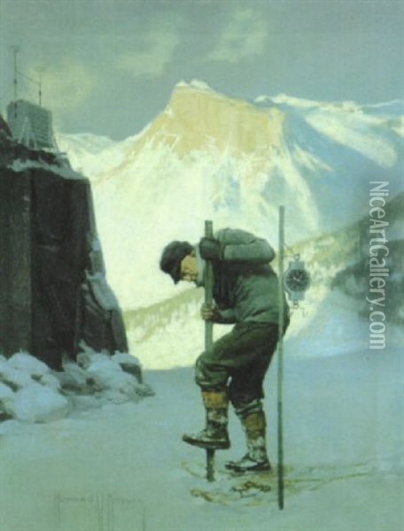 Man Testing Snow Depth In Mountain Pass Oil Painting - Howard V. Brown