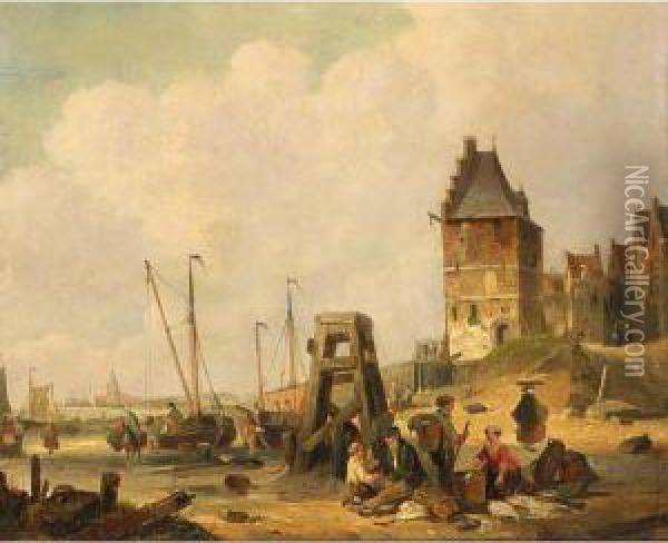 Fisherfolk In A Village, Zeeland Oil Painting - Jozef Jodocus Moerenhout