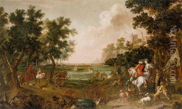 A Wooded Landscape With Elegant Figures On A Hunt, A Fortified Town Beyond Oil Painting - Christian Reder
