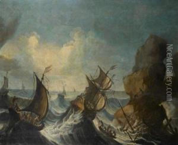 Navires Sur Une Mer Agitee Pres D'un Rocher Oil Painting - Bartolomeo Pedon