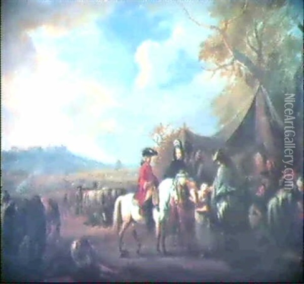 Der Besuch (ein Furstliches Paar In Der Tracht Des 18.      Jahrhunderts Besucht Zu Pferde Ein Soldatencamp) Oil Painting - Jan van Huchtenburg