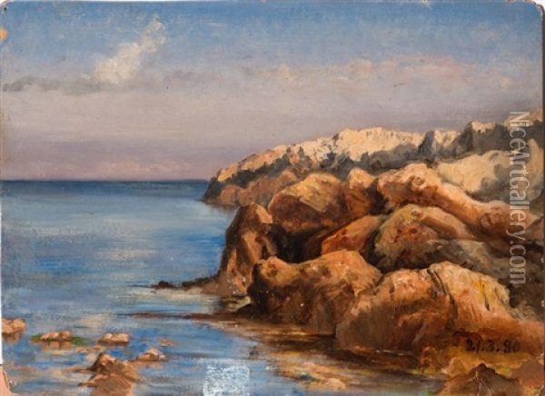 Les Rochers En Bord De Mer (study) Oil Painting - Gabriel Loppe