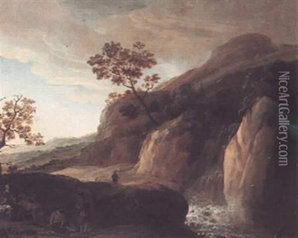 Rocky River Landscape With Herders And Cattle Beside A Waterfall Oil Painting - Jan Looten