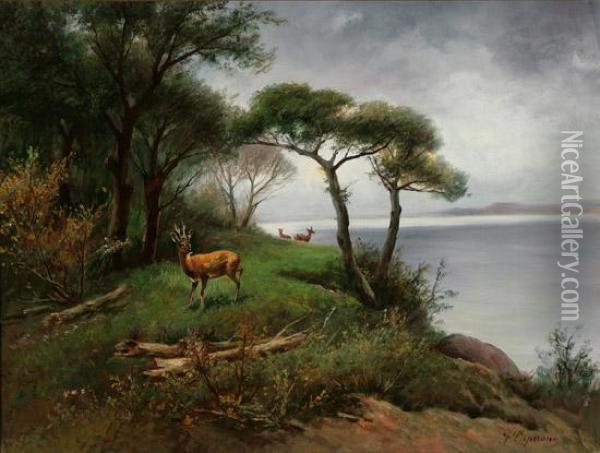 River Landscape With Stag Oil Painting - Francesco Capuano
