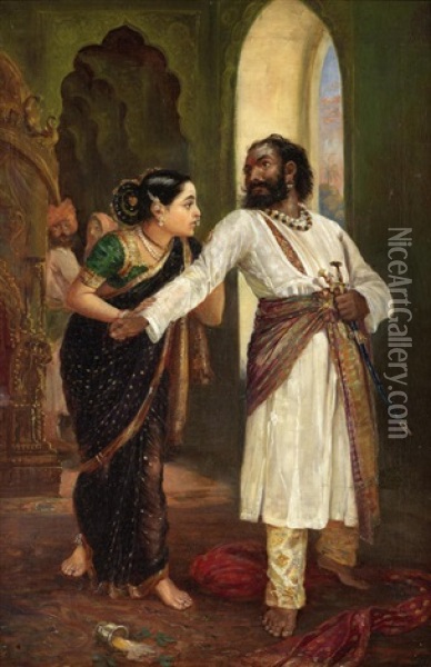 A Nobleman And A Maiden In A Palace Interior Oil Painting - Mahadev Vishvanath Dhurandhar