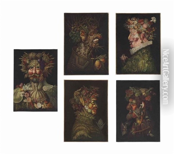Rudolf Ii As Vertumus; Winter; Spring; Summer; Autumn (5 Works) Oil Painting - Giuseppe Arcimboldo