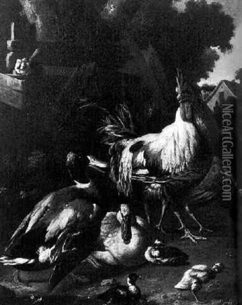 A Cockerell, Ducks And Duckings In A Farmyard Oil Painting - Melchior de Hondecoeter