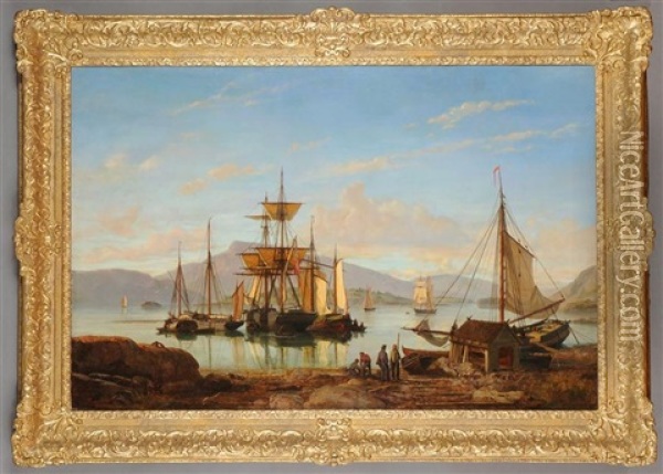 Ships In A Harbor Oil Painting - Johan Jakob Bennetter