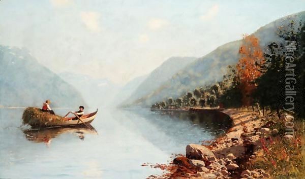 Rowing Through The Fjords Oil Painting - Hans Dahl