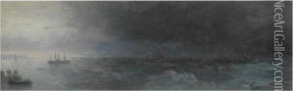 Battleship On A Stormy Sea Oil Painting - Ivan Konstantinovich Aivazovsky