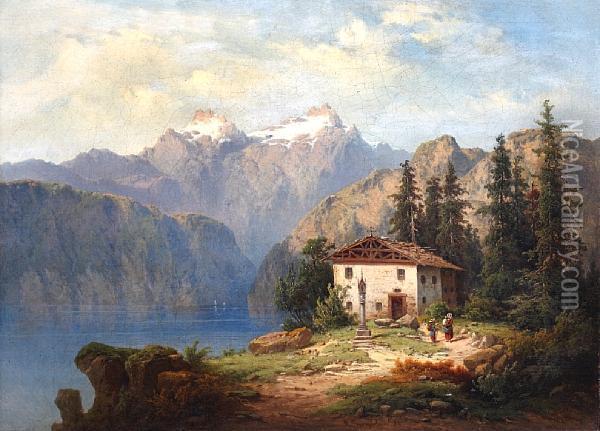 Alpine Lake Landscape With Figures Before A Cottage On A Bank Oil Painting - H. Baumgartner